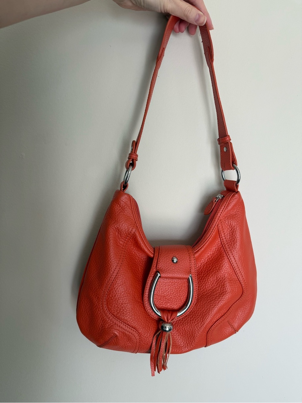 Coldwater Creek Orange Pebbled Leather Shoulder Bag with Tassel Ring